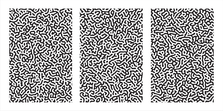 Trendy streetwear clothing textile pattern bundle showing seamless style turing maze lines for monochrome fabric print manufacturing, background design
