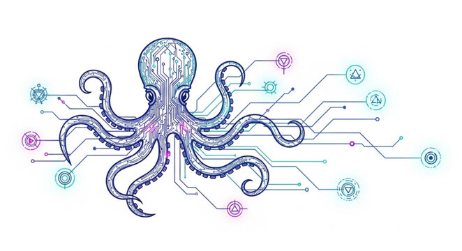 Octopus robot with digital circuits and glowing nodes.