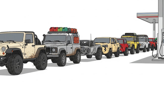 Off road vehicles lined up at a gas station for refueling.
