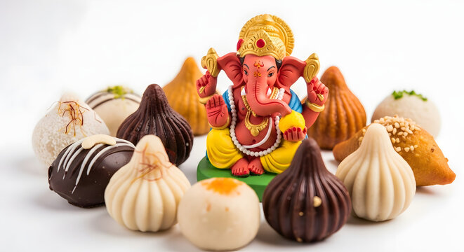 Traditional Indian festive celebration featuring a decorative idol surrounded by an assortment of handcrafted sweet modak dumplings