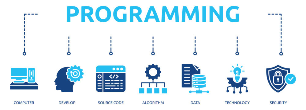  programming glyph banner icon of computer, develop, source code, algorithm, data, technology, security