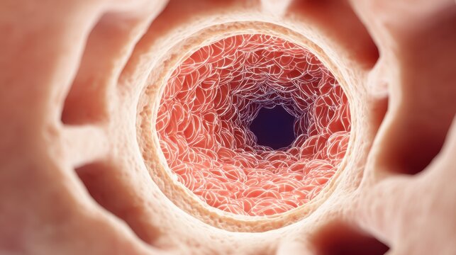 Cross-section view of pancreatic duct with clear epithelial lining and flow direction