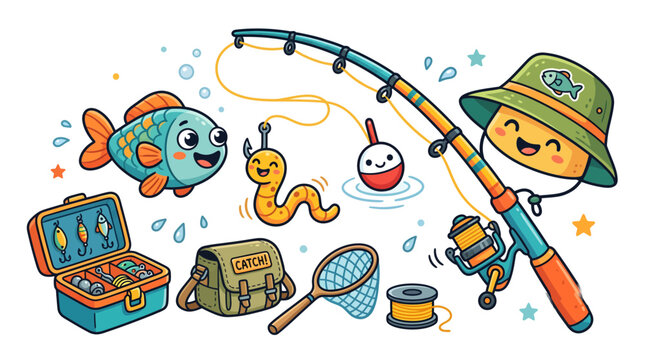 A collection of vector illustrations of cute cartoon animals, objects and fishing equipment with cute characters, sea, beach and travel themed designs
