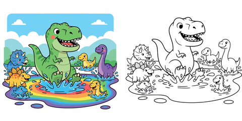 Happy Cartoon Dinosaurs Splashing in a Colorful Rainbow Puddle © Dewan