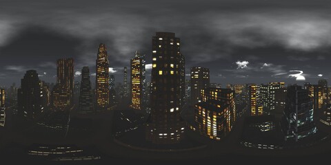 Night city, Cityscape, Environment map. HDRI map. Equirectangular projection. equidistant projection, Spherical panorama., 3D rendering © ustas
