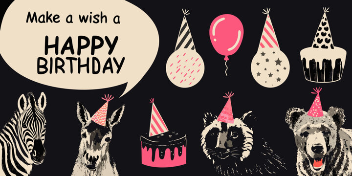 Birthday Illustration Set With Animals And Party Elements