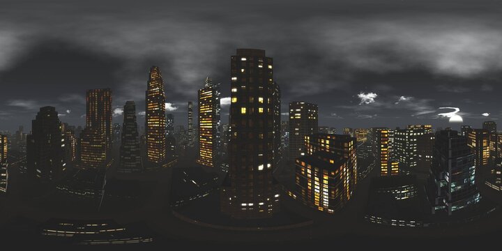 Night city, Cityscape, Environment map. HDRI map. Equirectangular projection. equidistant projection, Spherical panorama., 3D rendering