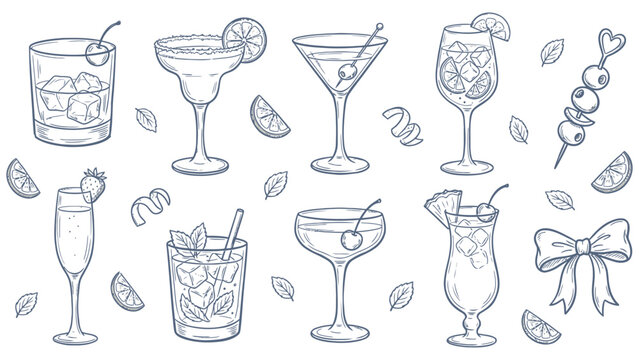Cocktail drinks set blue doodle pattern vector
 set of hand drawn glasses