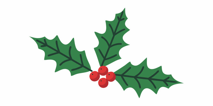 Holly Branch With Red Berries Flat Vector Illustration