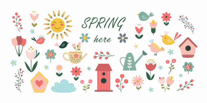 Floral ornament collection with spring elements vector illustration on white background