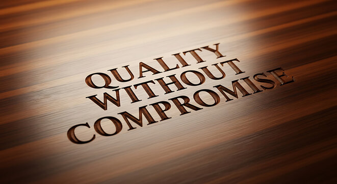 Elegant inscription "Quality Without Compromise" etched on a warm, textured wooden surface.