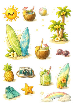 tropical summer doodles, summer vibes collection, tropical doodles, beach doodle set, summer illustration pack, tropical vacation art, hand drawn summer elements, beach vibes, tropical paradise, vacat