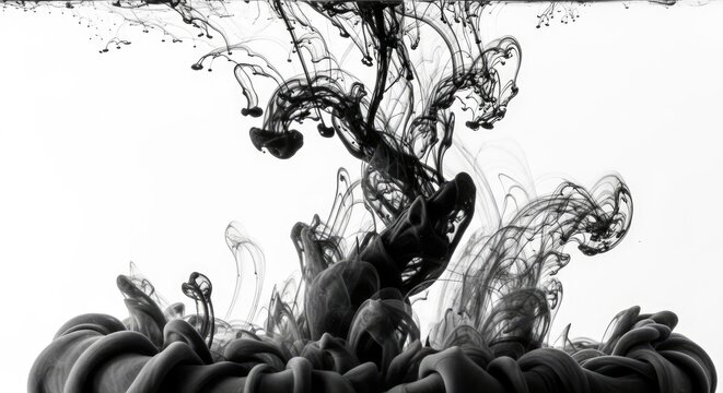 Black ink dissolving in water creating abstract forms on a white background