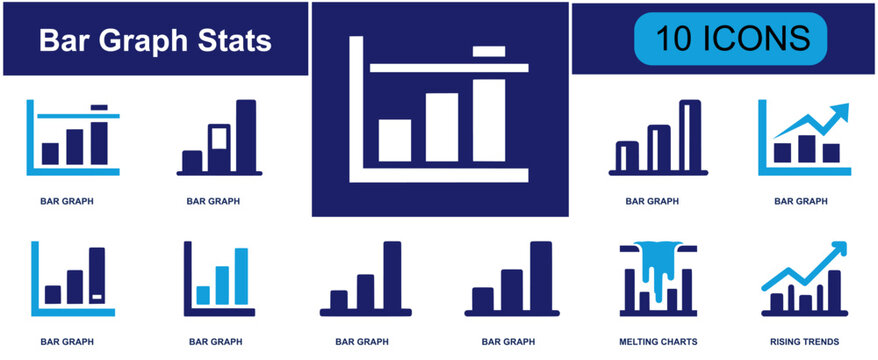 Bar graph stats icon set. Containing analytics, chart, report, finance, statistics, dashboard, growth, diagram, performance and more. Solid fill vector icons collection.