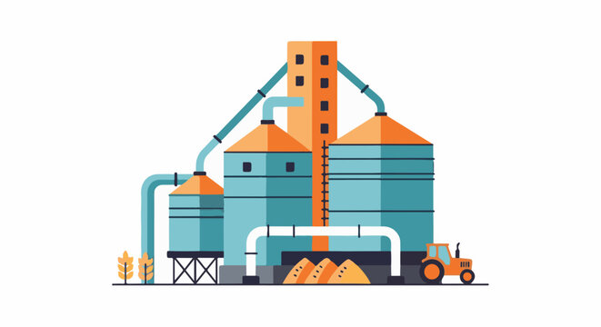 Industrial grain storage facility with silos, pipes, a tractor, and wheat stalks