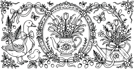 Decorative vector illustration featuring a cute goose with a chick beside spring floral arrangements inside a vintage garden style frame © Nimy_