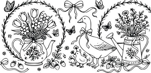 Whimsical vector illustration featuring a goose with a chick surrounded by spring flowers in teapots and cute butterflies everywhere © Nimy_