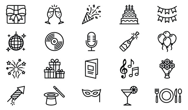 Celebration Party Event Line Icons Set Isolated White Background