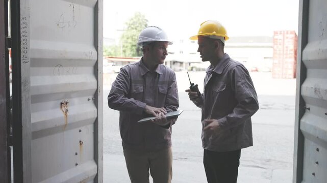 Two male workers in safety helmets examine and discuss a shipping container during operations at a busy logistics terminal.