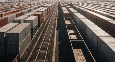 Fototapeta premium Industrial Shipping Containers Stacked in a Yard with Train Tracks, Photo-realistic