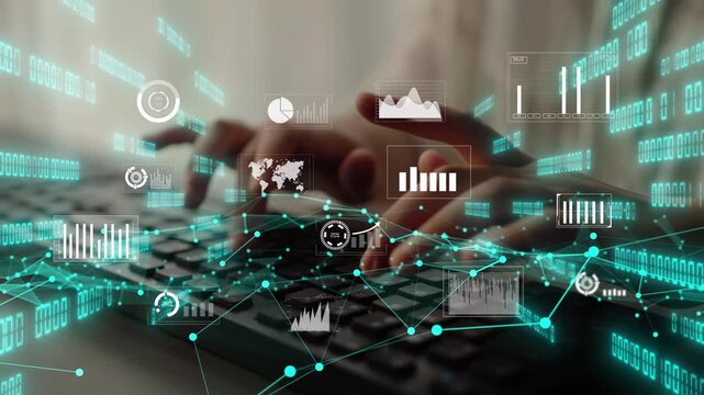 A close-up view of hands typing on a keyboard with digital graphs and data visualizations floating around, showcasing a modern and innovative workspace environment. Xenic
