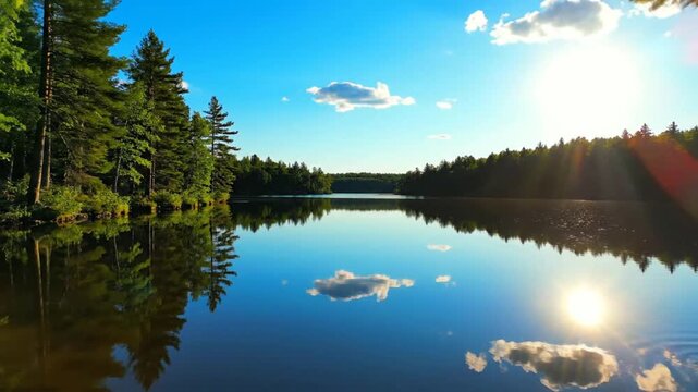 Peaceful forest lake with sky reflection in bright daylight