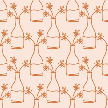 Seamless pattern with vase bottles and flowers