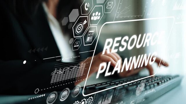 Business professional engaged in resource planning with digital interface elements showcasing data analysis and strategy visualization. Asymptotic smart data analytic.