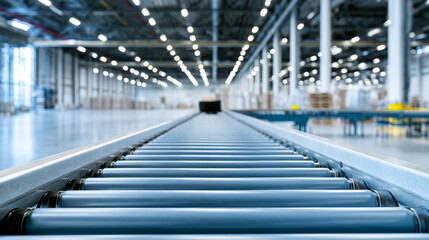 Fototapeta premium Conveyor belt in a spacious warehouse related to logistics industry 