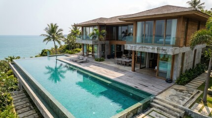 Fototapeta premium Photo-realistic shot of a luxury villa with an infinity pool overlooking the ocean, ideal for tropical real estate and travel.