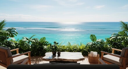 Fototapeta premium Photo-realistic luxury travel hospitality outdoor terrace with stunning tropical ocean view