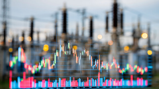 Blurred of Digital Display Screen Showing Financial Stock Values Near High Voltage Power Grid Lines