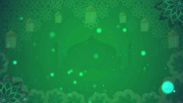 Vibrant green abstract Islamic background featuring faint mosque silhouette, glowing bokeh lights, and hanging lanterns for Ramadan.