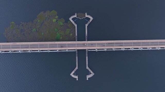 aerial drone view of Thanneermukkom Bund, bridge located in Alappuzha and Kottayam Kerala, India 