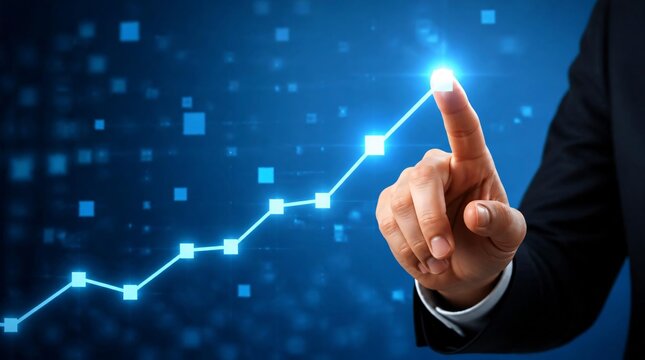 Businessman hand touches transparent holographic screen displaying data graph diagram on dark blue background.