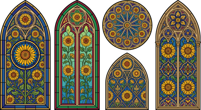 Gothic Cathedral Stained Glass Window Vector Design Set Featuring Round Rose Wheel and Arched Lancet Window Panels with Bright Yellow Sunflower Patterns