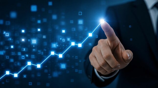 Businessman hand touches transparent holographic screen displaying data graph diagram on dark blue background.