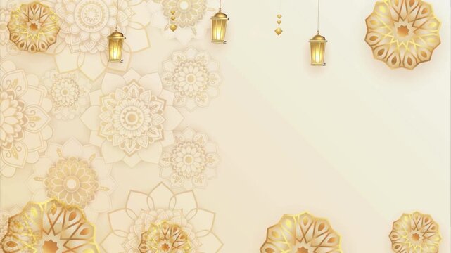 Hanging golden lanterns on a cream background decorated with abstract mandala patterns for elegant Eid al-Adha and Ramadan designs.
