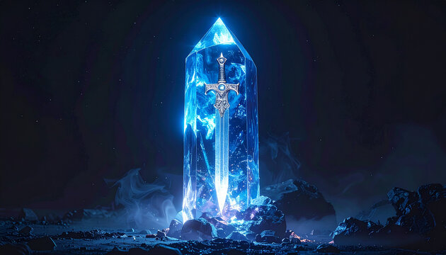 Glowing blue crystal with sword fantasy object