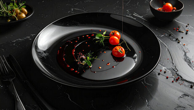 Delicious Cherry Tomatoes on Black Plate with Herbs and Sauce