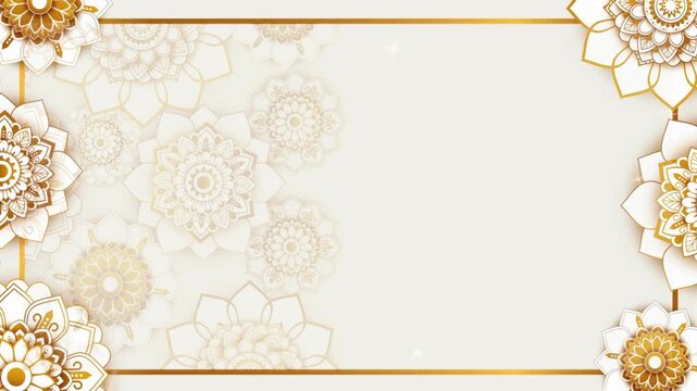 Luxury white and gold frame background with elegant mandala floral ornaments, perfect for Islamic weddings, Eid Mubarak, or Ramadan greetings.