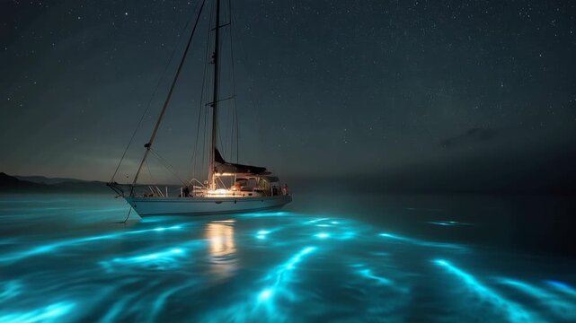 Sailboat on glowing sea under starry night sky, calm ocean with blue light reflection, bioluminescent water, warm deck glow, luxury travel under stars