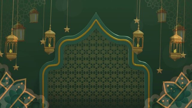 Elegant green and gold Islamic background with mosque arch, hanging lanterns, and paper-cut floral patterns for Eid al-Adha or Ramadan.