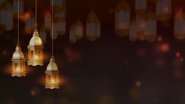 Glowing golden lanterns hanging against a dark blur background with soft bokeh, beautiful atmosphere for Ramadan and Eid Adha.