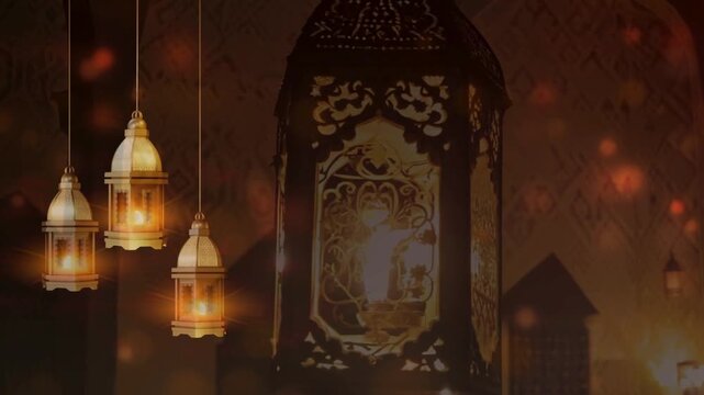 Warm glowing traditional arabic lanterns hanging on a dark, mystical background, ideal for Ramadan Kareem and Eid Mubarak festive designs.