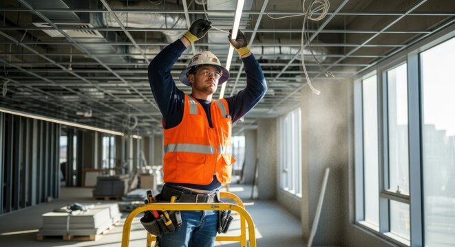 Construction worker installing lights in new office building