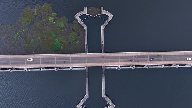 aerial drone view of Thanneermukkom Bund, bridge located in Alappuzha and Kottayam Kerala, India 