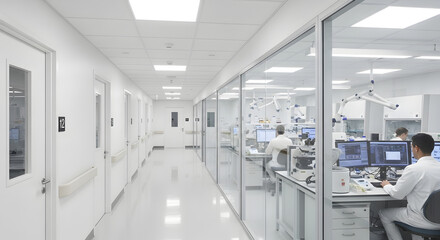 Fototapeta premium Scientist working on computers in laboratory office through glass wall in long white corridor