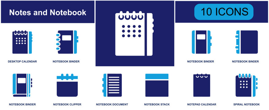 Notes and notebook icon set. Containing planner, memo, writing, schedule, reminder, journal, document, stationery, organizer and more. Solid fill vector icons collection.