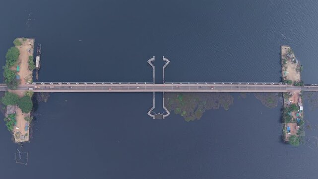 aerial drone view of Thanneermukkom Bund, bridge located in Alappuzha and Kottayam Kerala, India 